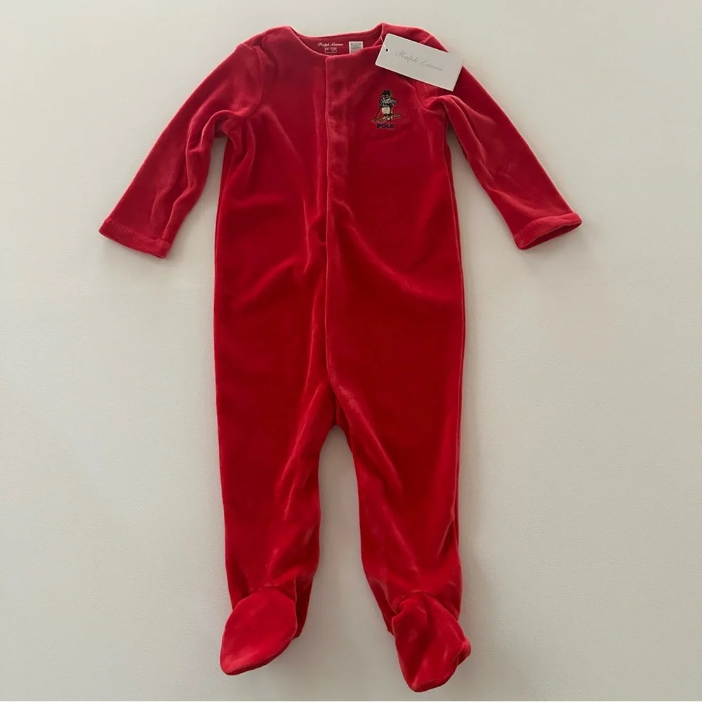 Ralph Lauren 9 Months Baby Red Velvet Footie Polo Bear Ski NWT Holiday Christmas